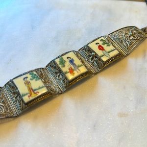 RARE Vintage Antique Chinese Sterling Filigree Scrimshaw Bone Bracelet EUC